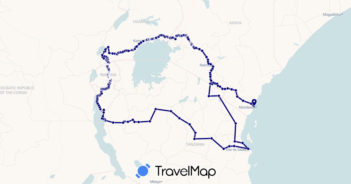 TravelMap itinerary: driving in Burundi, Kenya, Rwanda, Tanzania, Uganda (Africa)